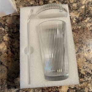 Clear Ribbed Glass Tumbler with Straw